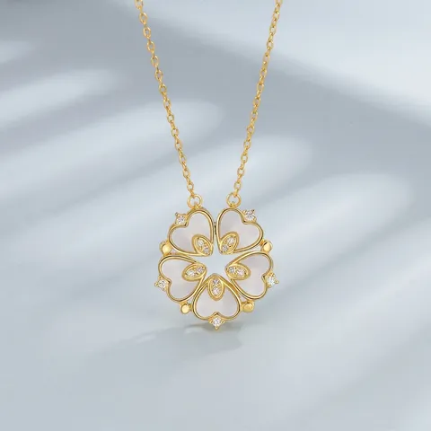 S925 Sterlingsilber Herz Blume Anhänger Halskette Gold Plattiert Weiß Perlmutt Roter Achat Strass Zierliche Schlüsselbeinkette Damen Schmuck