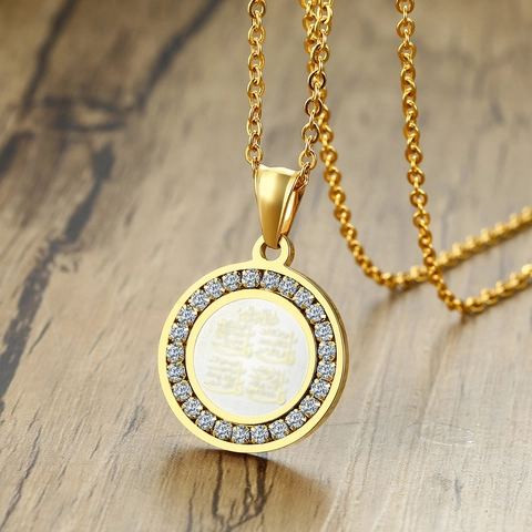 Stainless Steel Arabic Calligraphy Round Pendant Necklace For Men Zirconia Inlaid Gold Silver Black Religious Jewelry