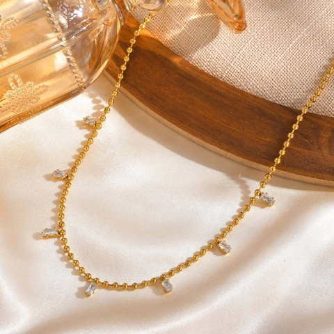 Collana con Ciondolo in Zirconia in Acciaio Inossidabile per Donna Catena a Sfere Placcata Oro Gioielli Minimalisti