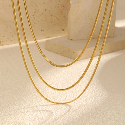 Minimalist Stainless Steel Triple Layer Flat Snake Chain Necklace 18K Gold Plated Multilayer Layered Necklace For Women Jewelry