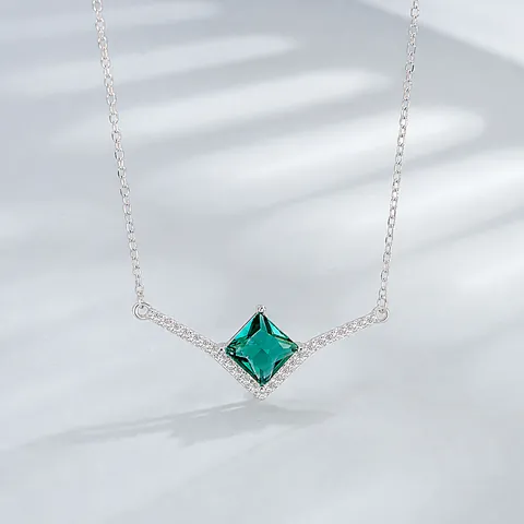Collana con Pendente in Zirconia Quadrata Taglio Princess in Argento Sterling 925 Catena a V con Strass Pavé Gioielli Donna