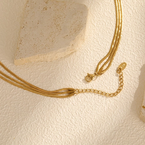 Minimalist Stainless Steel Triple Layer Flat Snake Chain Necklace 18K Gold Plated Multilayer Layered Necklace For Women Jewelry