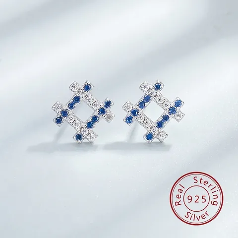 Pendientes de Botón Hashtag de Plata de Ley S925 Diamante Imitación Azul Blanco Rejilla Geométrica para Mujer Joyería