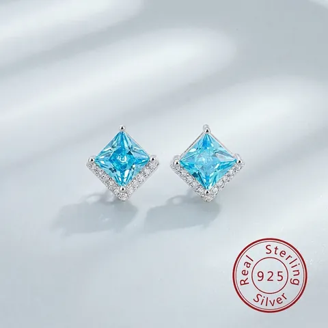 Elegante 925 Sterling Zilveren Vierkante Oorknopjes Minimalistisch Prinsessen Slijpvorm Zee Blauw Smaragdgroen Strass Sieraden
