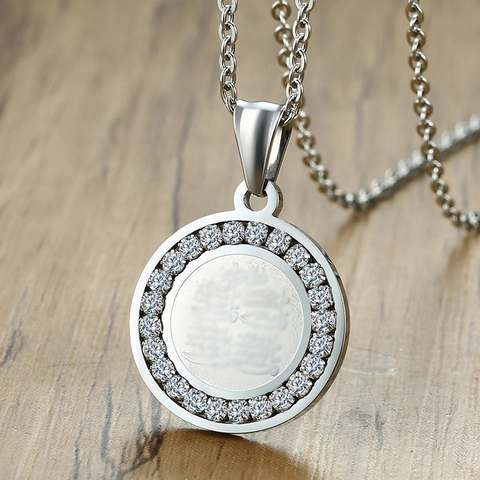 Stainless Steel Arabic Calligraphy Round Pendant Necklace For Men Zirconia Inlaid Gold Silver Black Religious Jewelry