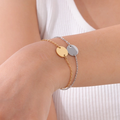 Minimalist Stainless Steel Flat Round Disc Pendant Bracelet For Women Fashion Polished Cross Chain Adjustable Hand Jewelry
