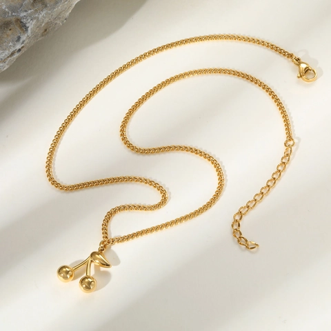 Collana con Pendente a Ciliegia in Acciaio Inossidabile Minimalista per Donna Placcata in Oro Catena a O Regolabile Gioielli di Moda