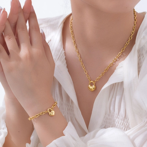 Mode Edelstahl Herzschloss Anhänger Halskette Armband Schmuckset Für Damen 18K Vergoldet Minimalistischer Kettenschmuck