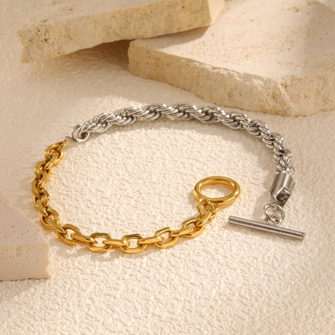 Mode Edelstahl Zweifarbige Seilkette Gliederkette Armband Für Damen Minimalistischer Knebelverschluss Spliced Design Schmuck