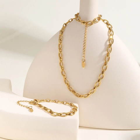 Joyas de Cadena de Eslabones de Acero Inoxidable Chapadas en Oro de 18K Collar Pulsera de Eslabones Ovalados para Mujer
