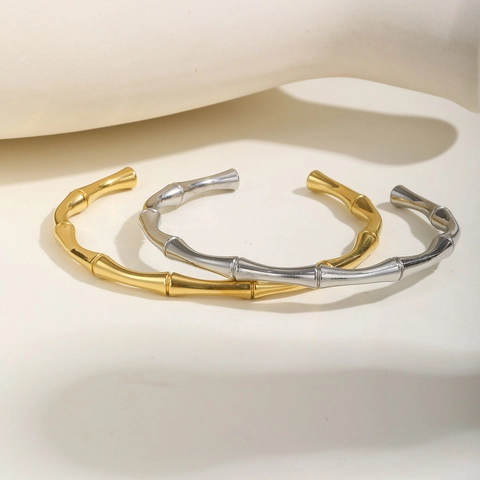 Bracciale Rigido in Acciaio Inossidabile a Forma di Bambù per Donna Braccialetto a Polsino Aperto a C Gioielli Minimalisti Oro Argento