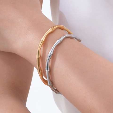 Bracciale Rigido in Acciaio Inossidabile a Forma di Bambù per Donna Braccialetto a Polsino Aperto a C Gioielli Minimalisti Oro Argento