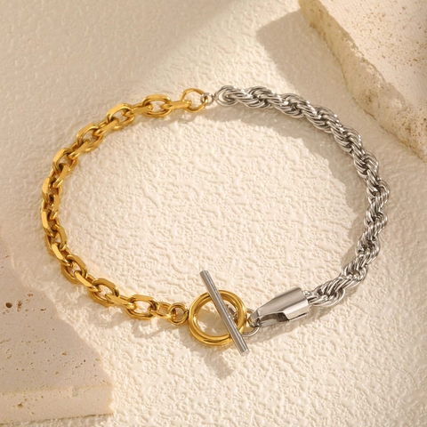Mode Edelstahl Zweifarbige Seilkette Gliederkette Armband Für Damen Minimalistischer Knebelverschluss Spliced Design Schmuck