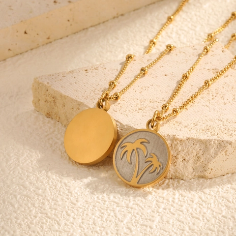 Stainless Steel Palm Tree Round Disc Pendant Necklace For Women Gold Plated Bead Chain Tropical Vacation Fashion Jewelry