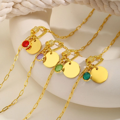 Stainless Steel Gold Plated Paperclip Chain Necklace For Women Geometric Round Birthstone Pendants Carabiner Clasp Rhinestone Pave Fashion Jewelry