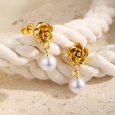 Elegante Edelstahl Kamelie Blume Ohrringe Für Damen Vergoldet Künstliche Perle Strass Ohrstecker Hängende Ohrringe Schmuck