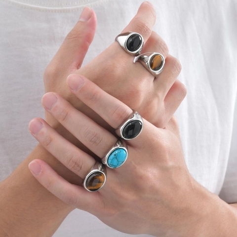 Vintage Heren Roestvrij Stalen Ring Ovaal Natuursteen Ingelegd Zwarte Agaat Tijgeroog Turquoise Geometrische Punk Sieraden