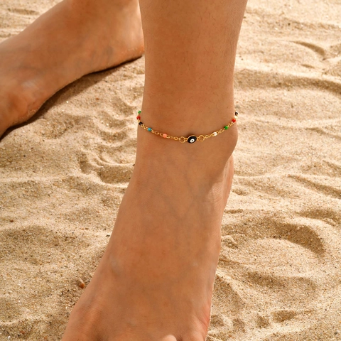 Women Bohemian Stainless Steel Evil Eye Anklet Colorful Beads Gold Plated Beach Foot Chain Adjustable Summer Holiday Jewelry