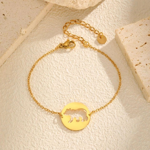 Stainless Steel Hollow Bear Round Charm Bracelet Gold Plated Animal Pendant Adjustable Chain Fashion Jewelry For Women