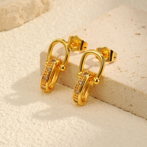 Orecchini a Ferro di Cavallo a Forma di U in Rame Moda Orecchini Pendenti Ovali Geometrici Intarsiati con Strass da Donna