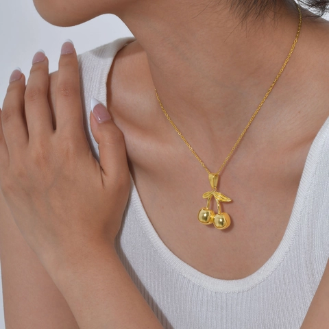 Stainless Steel Cherry Pendant Necklace 18K Gold Plated Mirror Polished Fruit Style Chic Jewelry For Women Girls Gift
