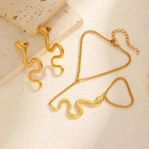 Stainless Steel Snake Slave Bracelet Finger Ring Jewelry Set Vintage Gold Plated Scaled Snake Stud Earrings For Women Punk Gothic Accessory