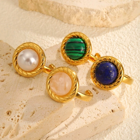 Anillo Abierto Vintage de Acero Inoxidable Chapado en Oro 18K Perla Artificial Piedra Natural Ajustable Retro Anillo Geométrico Ovalado Joyería Mujer