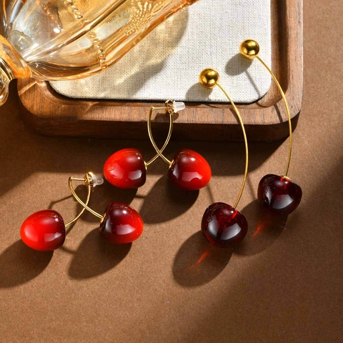 Creative Cherry Fruit Shaped Drop Earrings Stainless Steel Gold Plated Red Resin Beads Sweet Fashion Jewelry For Women Girls