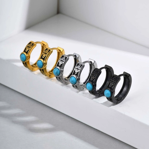 Men Stainless Steel Celtic Knot Turquoise Hoop Earrings Vintage Ethnic Polished Huggie Earring Cool Daily Party Jewelry
