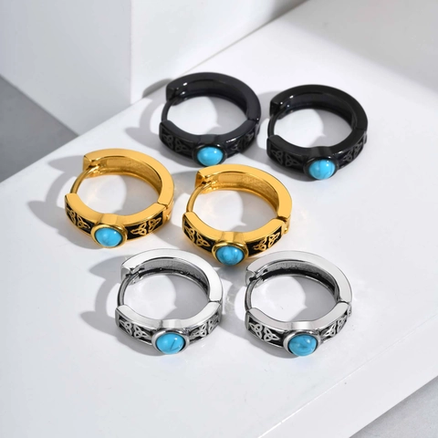 Men Stainless Steel Celtic Knot Turquoise Hoop Earrings Vintage Ethnic Polished Huggie Earring Cool Daily Party Jewelry