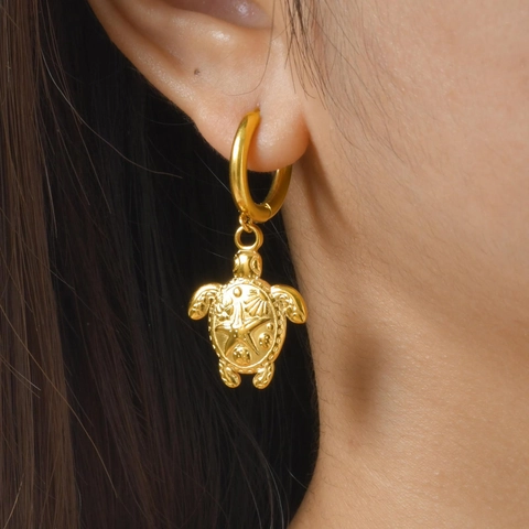Stainless Steel Sea Turtle Drop Earrings 18K Gold Plated Ocean Beach Style Shell Starfish Texture Jewelry For Women Gift