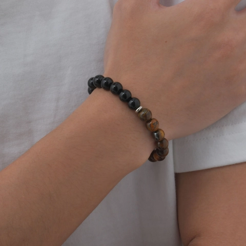 Natural Tiger Eye Obsidian Hematite Beads Men Bracelet Stainless Steel Separators Handmade Elastic Beaded Jewelry Gift