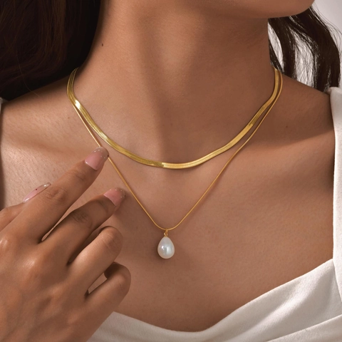Collana Doppio Strato in Acciaio Inossidabile Catena a Serpente Con Ciondolo Perla Artificiale Oro Elegante Gioielli Donna