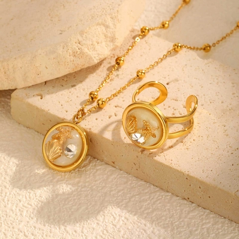 Summer Beach Ocean Style Stainless Steel Starfish Shell Resin Round Pendant Necklace Adjustable Open Ring Bracelet Jewelry Set