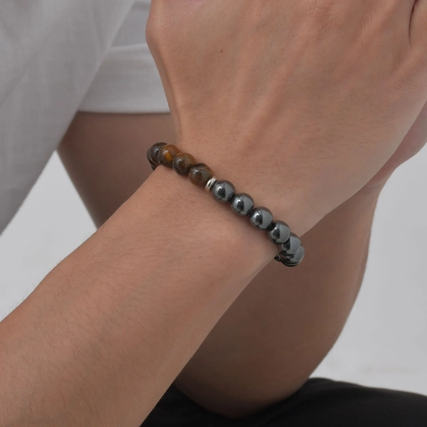 Natural Tiger Eye Obsidian Hematite Beads Men Bracelet Stainless Steel Separators Handmade Elastic Beaded Jewelry Gift