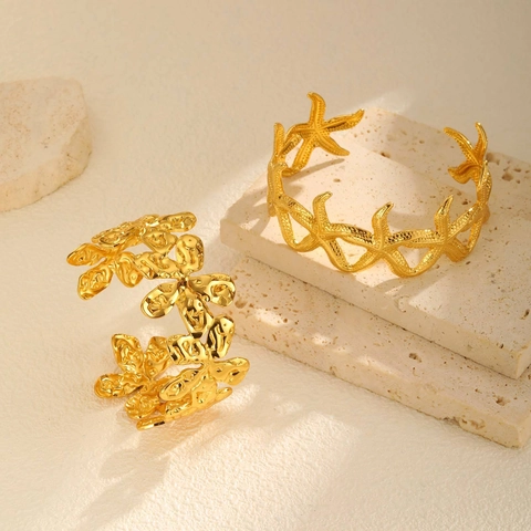 Bracciale Rigido Aperto in Acciaio Inossidabile Stella Marina Fiore per Donna Oro Stile Oceano Bracciale Plissettato Irregolare Gioielli