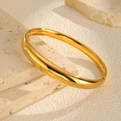 Minimalist Stainless Steel Gold Plated 18K Plain Open Hinge Bangle For Women Geometric Oval High Polished Jewelry Gift