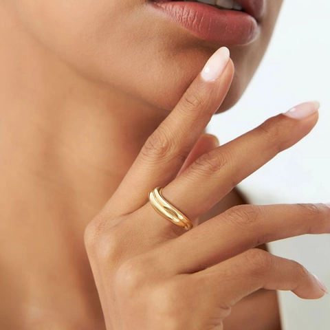 Minimalistisch Punk Edelstahl Doppelschicht Welle Ring Für Damen 18K Vergoldet Geometrisch Poliert Mode Fingerring Schmuck