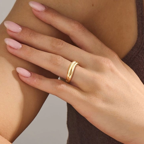 Minimalistisch Punk Edelstahl Doppelschicht Welle Ring Für Damen 18K Vergoldet Geometrisch Poliert Mode Fingerring Schmuck