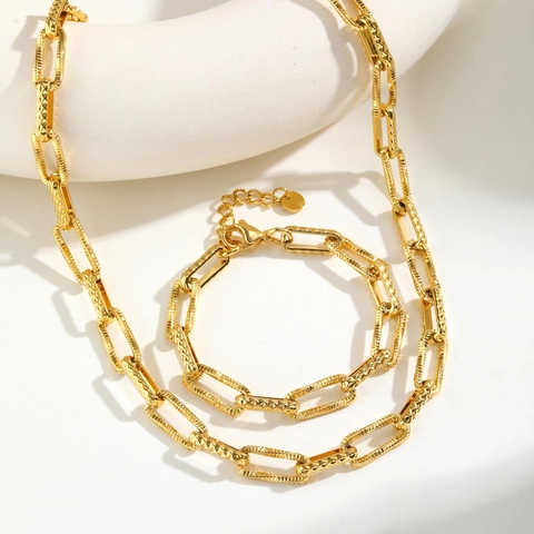 Mode Edelstahl Strukturierte Büroklammer Kette Halskette Armband Set Vergoldet Geometrische Geprägte Gliederschmuck Täglich