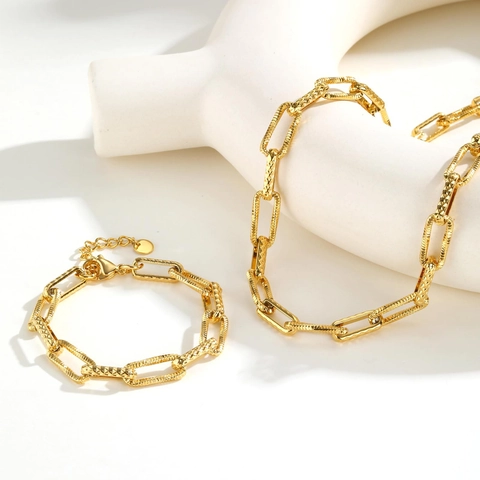 Mode Edelstahl Strukturierte Büroklammer Kette Halskette Armband Set Vergoldet Geometrische Geprägte Gliederschmuck Täglich