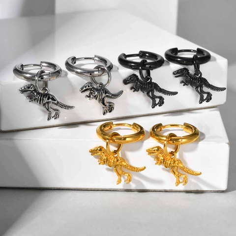 Gothic Stainless Steel Dinosaur Skeleton Hoop Dangle Earrings For Men Women Punk Tyrannosaurus Rex Fossil Personalized Jewelry Gift