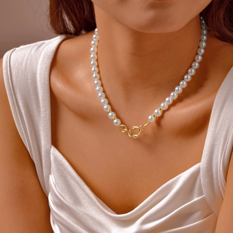 Elegante Collana di Perle Artificiali in Stile Francese in Acciaio Inossidabile Con Pendente a Morsetto Gioielli Moda Donna