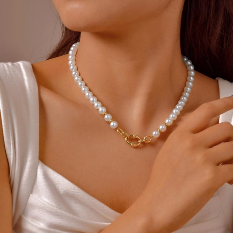 Elegante Collana di Perle Artificiali in Stile Francese in Acciaio Inossidabile Con Pendente a Morsetto Gioielli Moda Donna