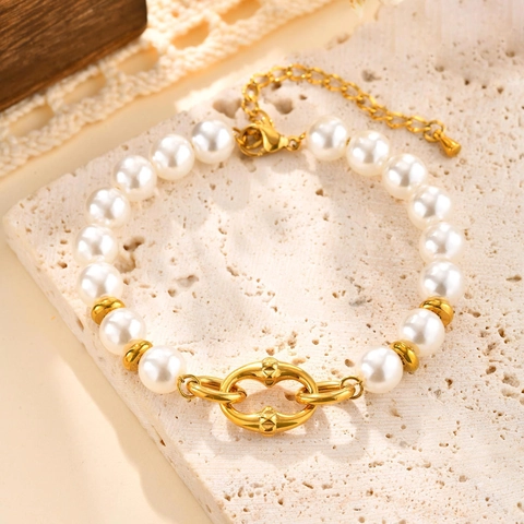 Französisches Vintage Titanstahl Armband Für Damen Vergoldete Ovale Glieder Künstliche Perlen Eleganter Retro Schmuck