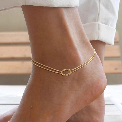 Moderne Minimalistische Goldene Kupfer Doppel Schlangenkette Knoten Fußkettchen Für Damen Strand Urlaub Strass Fußschmuck