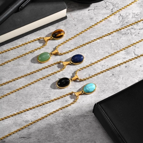Vintage Stainless Steel Geometric Natural Stone Pendant Necklace Fashion Lapis Lazuli Tiger Eye Black Onyx Necklaces Women Men Jewelry