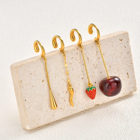 Ανοξείδωτα Σκουλαρίκια Ear Cuffs Χωρίς Τρύπα Χρυσό Ασημί Μενταγιόν Σταγόνα Τσίλι Φράουλα Κεράσι Φρούτα Αλυσίδα Κοσμήματα Γυναικεία