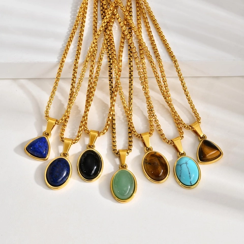 Vintage Stainless Steel Geometric Natural Stone Pendant Necklace Fashion Lapis Lazuli Tiger Eye Black Onyx Necklaces Women Men Jewelry