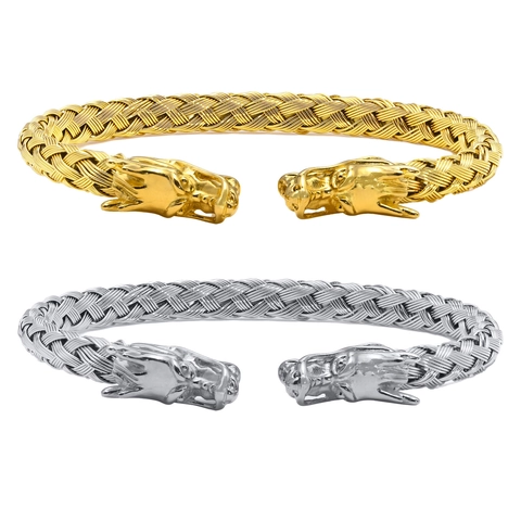 Men Stainless Steel Woven Dragon Head Open Bangle Retro Hip Hop Adjustable Bracelet Fashion Jewelry Accessory